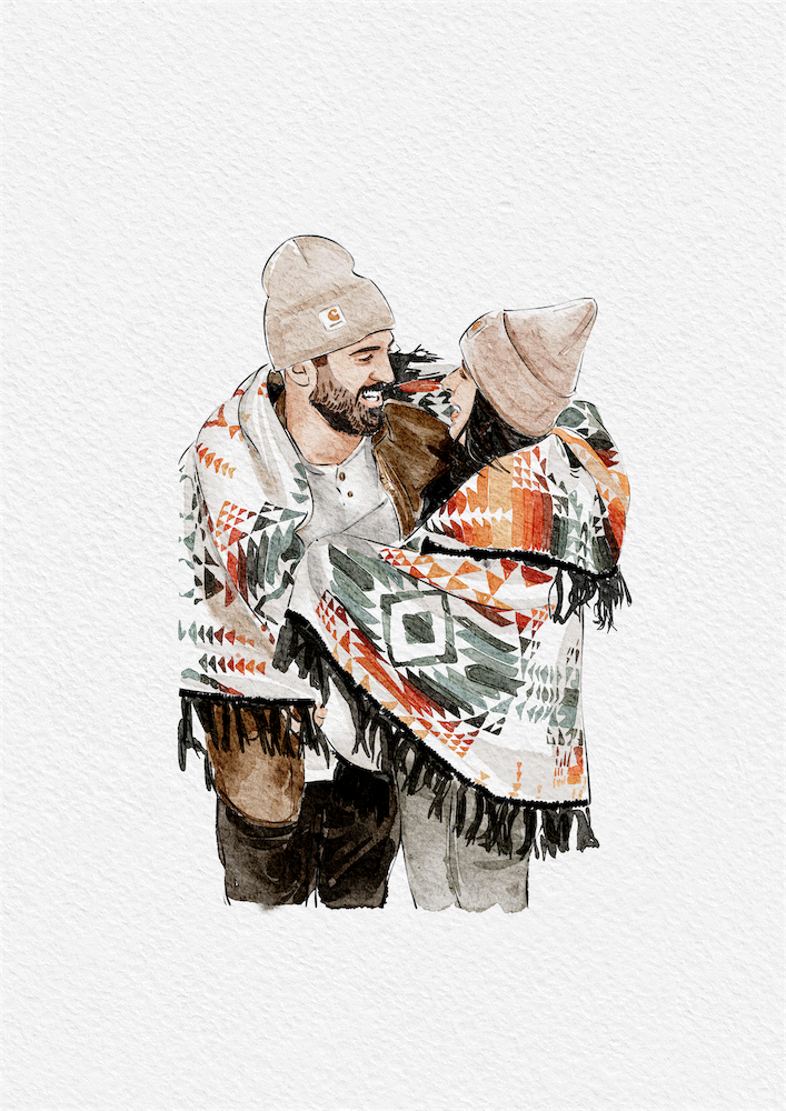 An engagement photo taken of a couple and painted to look like a watercolor painting